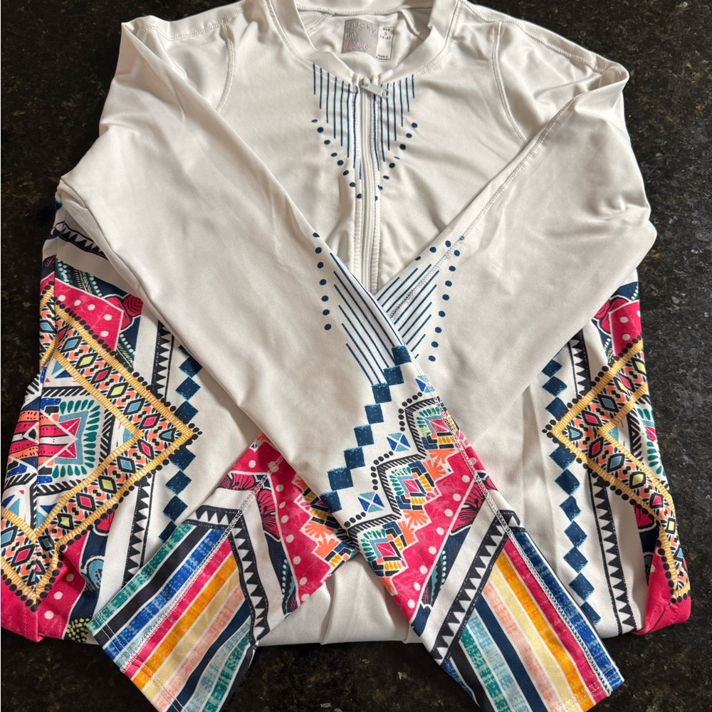 Lucky in Love Tennis Top Long Sleeves Colorful Geometric Women's Small